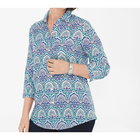 Chico's No Iron Linen Scallop Print 3/4 Sleeve Button Front Shirt Size Large / 2 - Picture 1 of 8